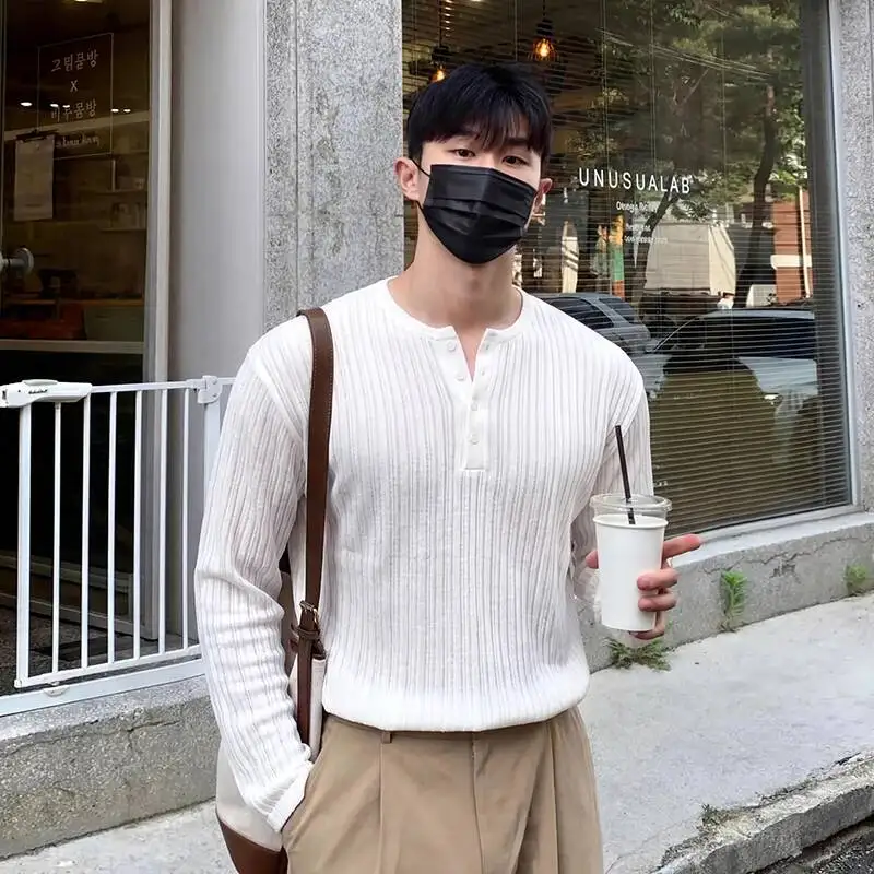 Men's White Minimalist T-shirt Ribbed Texture Long Sleeve Button Placket Casual Daily Premium Pullover Top ZBSA