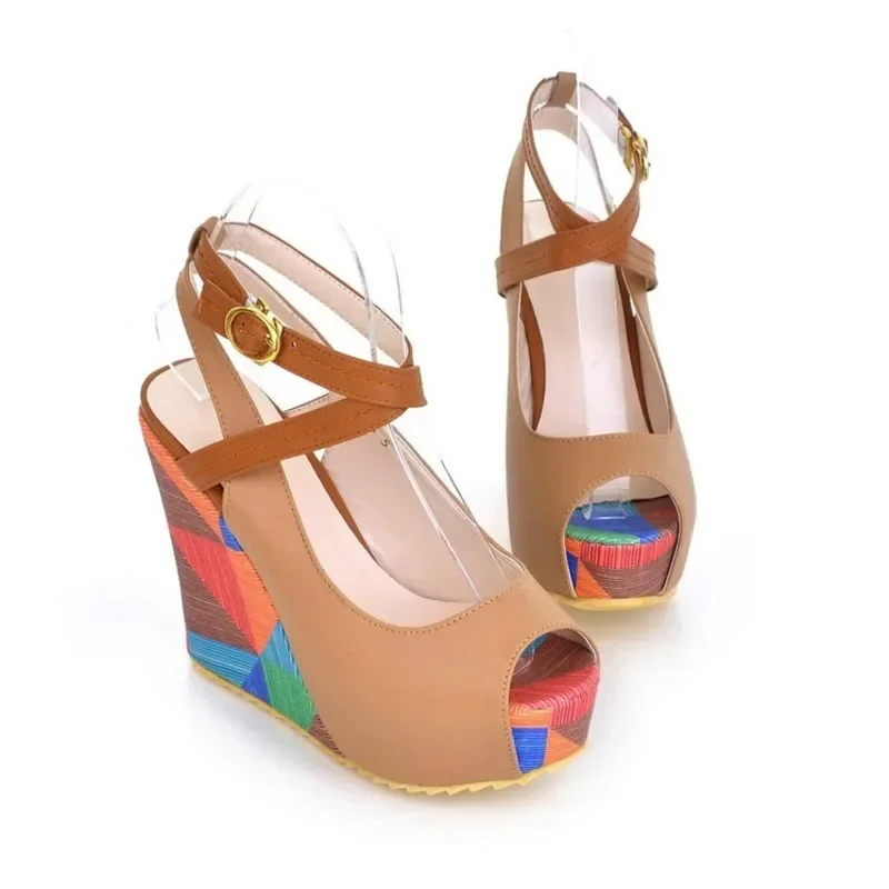 New Arrival Handmade Hot Sale Ladies Wedges Heels Sandals Buckle Strap Peep-toe Patchwork Summer Spring Evening Fashion Shoes