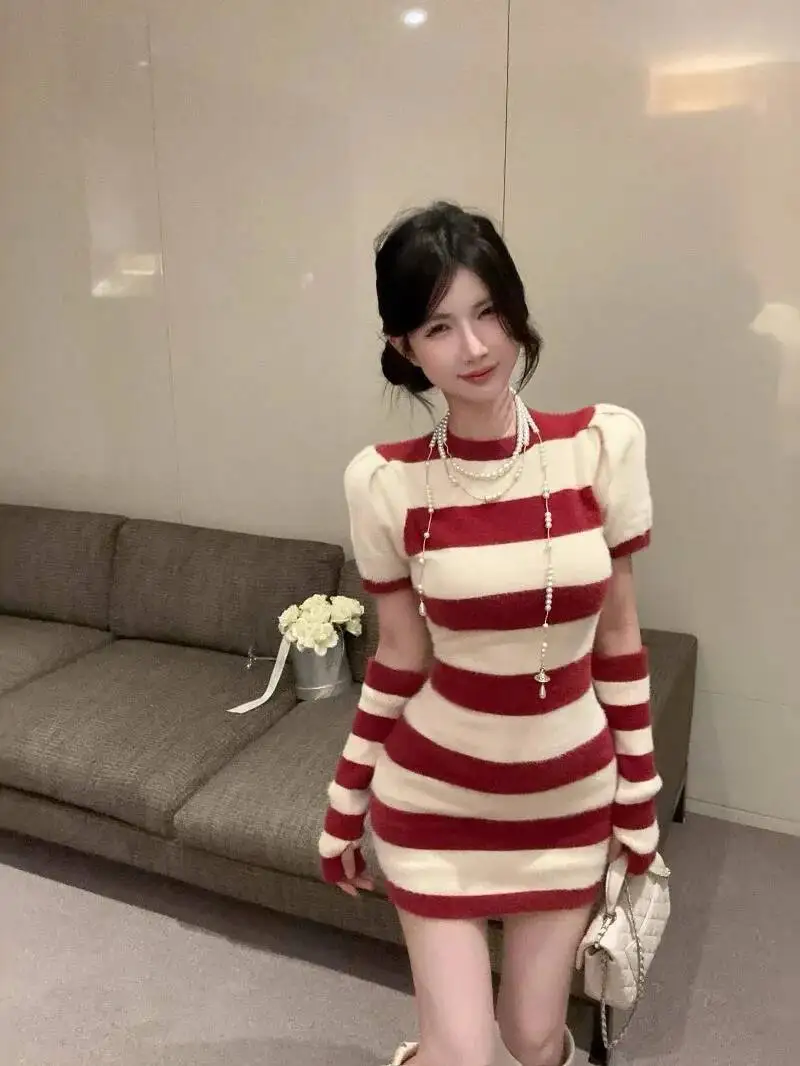 Doce mini vestido de malha camisola grossa picante menina moda vermelho branco retalhos listras puro desejo bonito vestido elegante nvv8