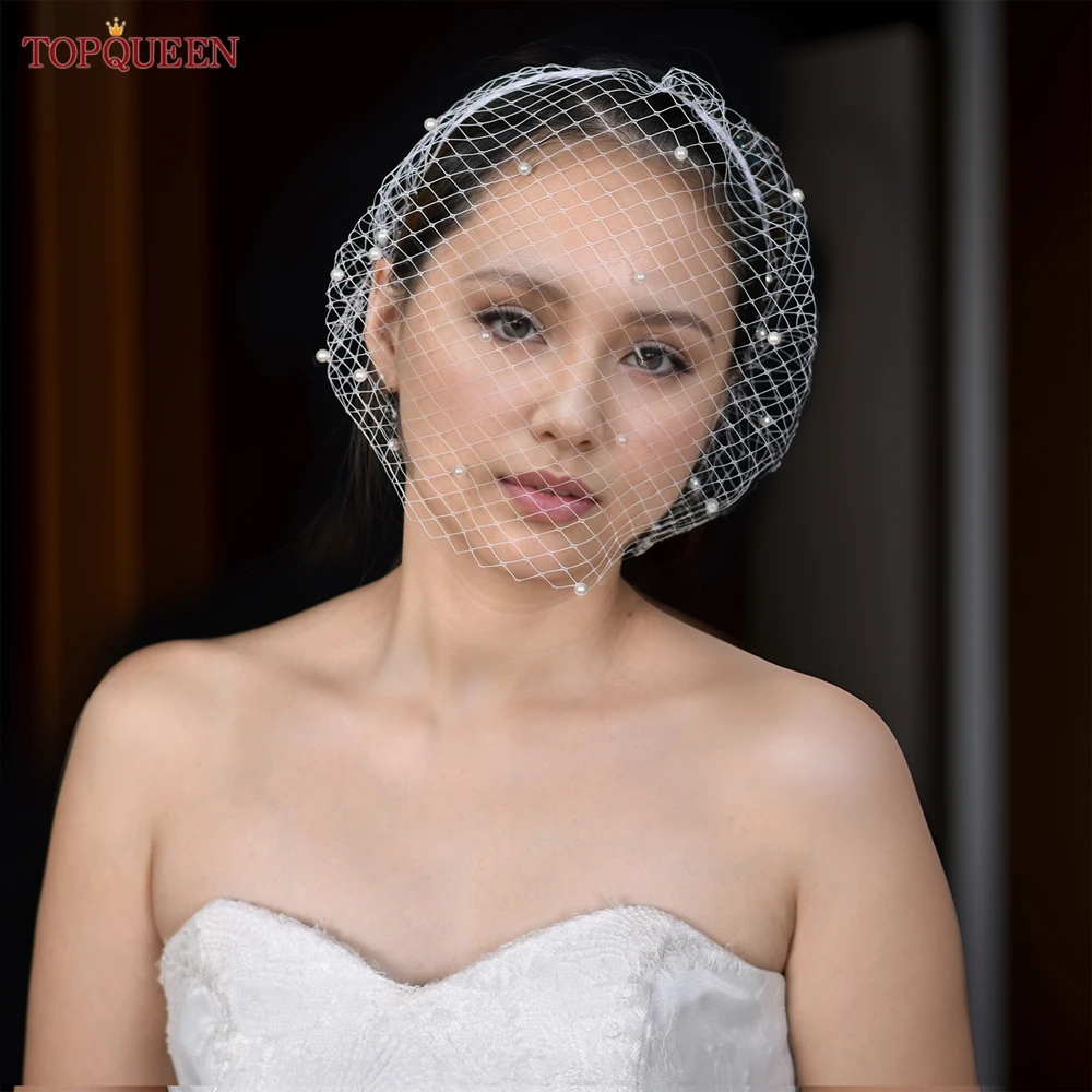 TOPQUEEN-Tule Gaiola Véu Com Pérolas, Gaiola Com Headband, Mini Véu, Véu De Casamento, Face, Cocktail Party, DIY, VA08