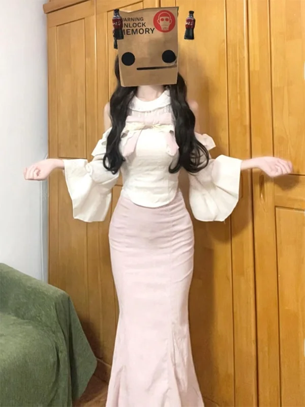 

Pink Lace Knot Sweet Fish Tail Two-Piece Set Elegant Midi Skirt Spring Autumn Fashion Sweet Style High Waist