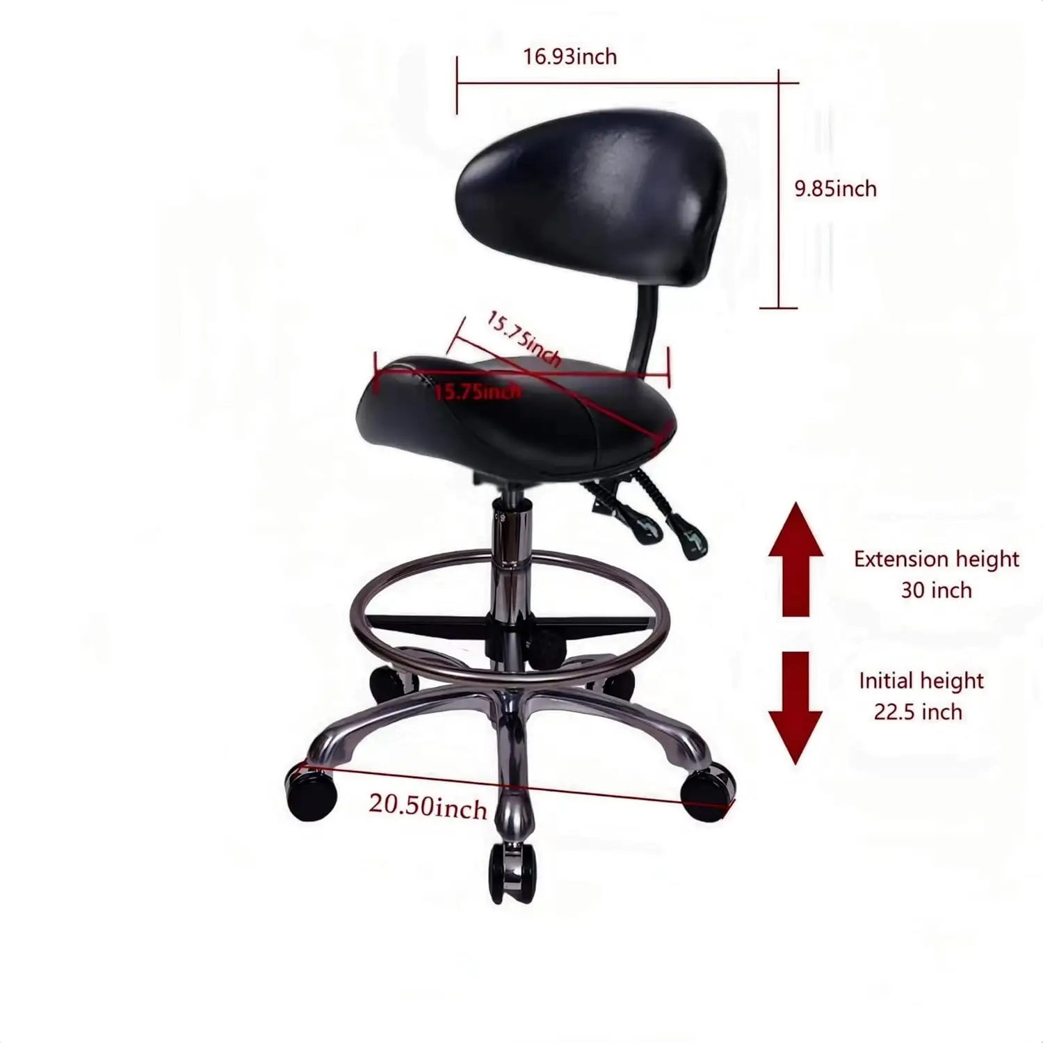 Chair with Backrest and Foot Ring, Ergonomic Rolling Esthetician Seat for Salon, Tattoo Shop, Spa