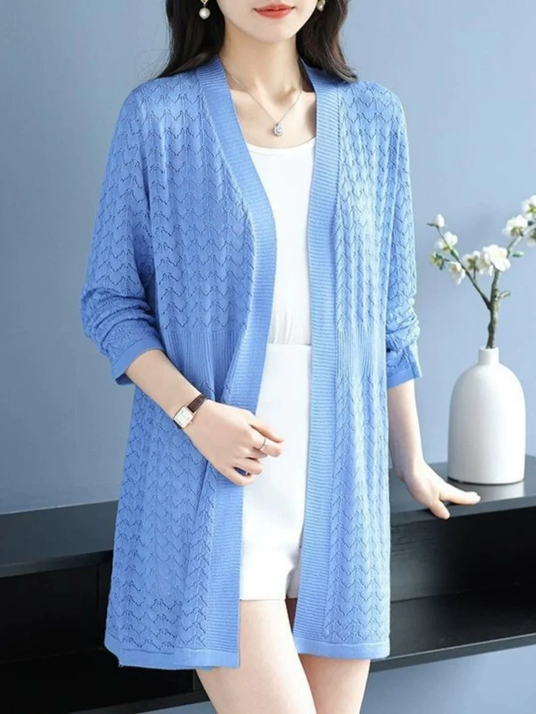Korean Style Large Size Knitted Open Cardigan Hollow out Hook Flower Design V-Neck Thin Sun Protection Air Conditioning Outer...