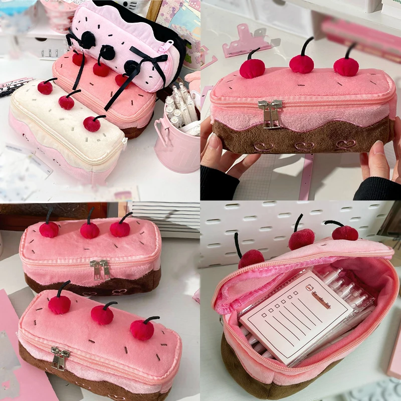 Cherry Cake Pencil Case Cute Cartoon Dessert Pen Bag Large Capacity Stationery Pouch School Supplies Cosmetic Makeup Storage Bag