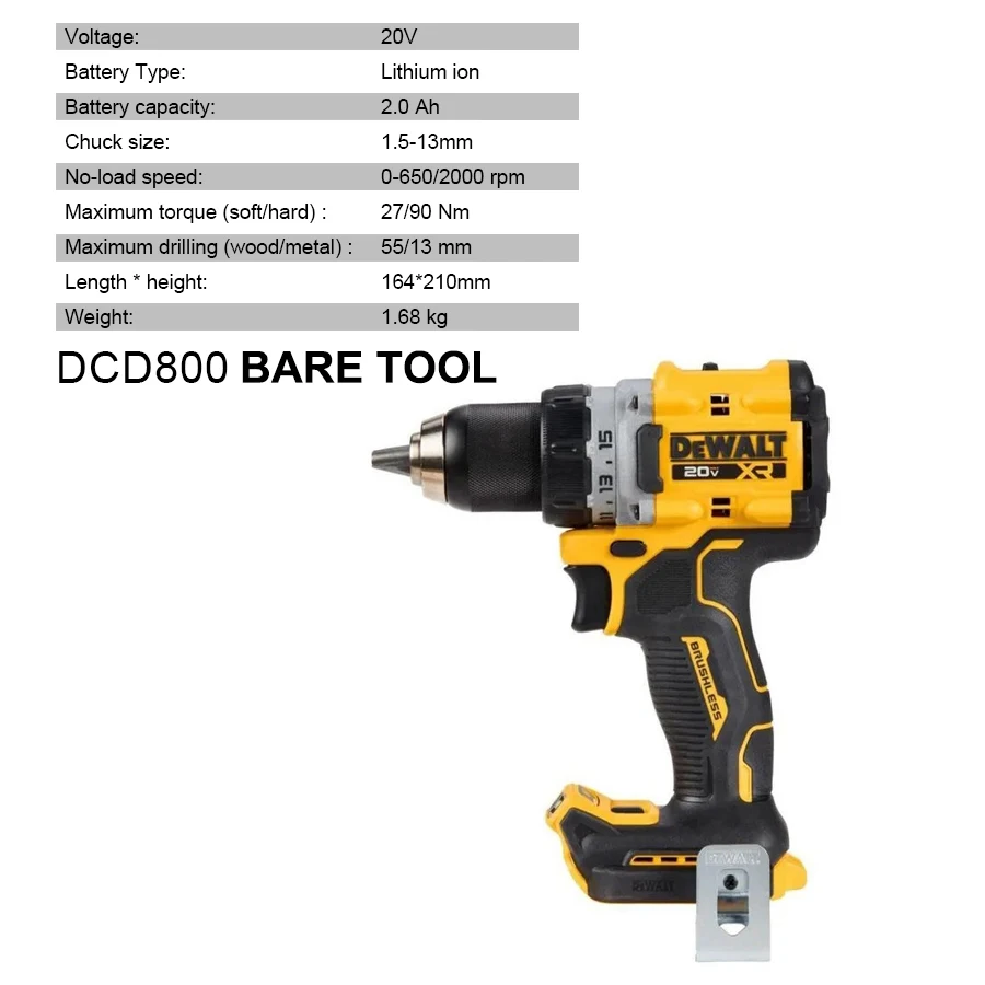 DEWALT 20V XR Brushless Cordless Electric Driver 1/2'' Drill Compact Electric Screwdriver DCD800 Bare Tool