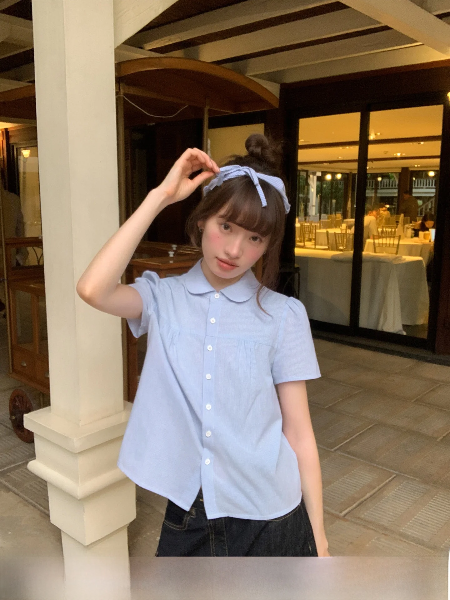 

Blue Slim Stripes Doll Collar Short Sleeve Shirt Canvas Fabric Loose Fit Summer Casual Women's Top Hello Brand