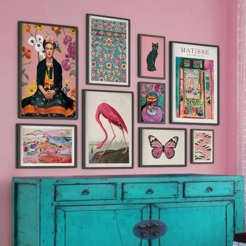F-Frida Canvas Art Kahlo Vibrant Floral Pink Tone Wall Decor Butterflies Matisse Inspired Gallery Print Modern Living Room Decor