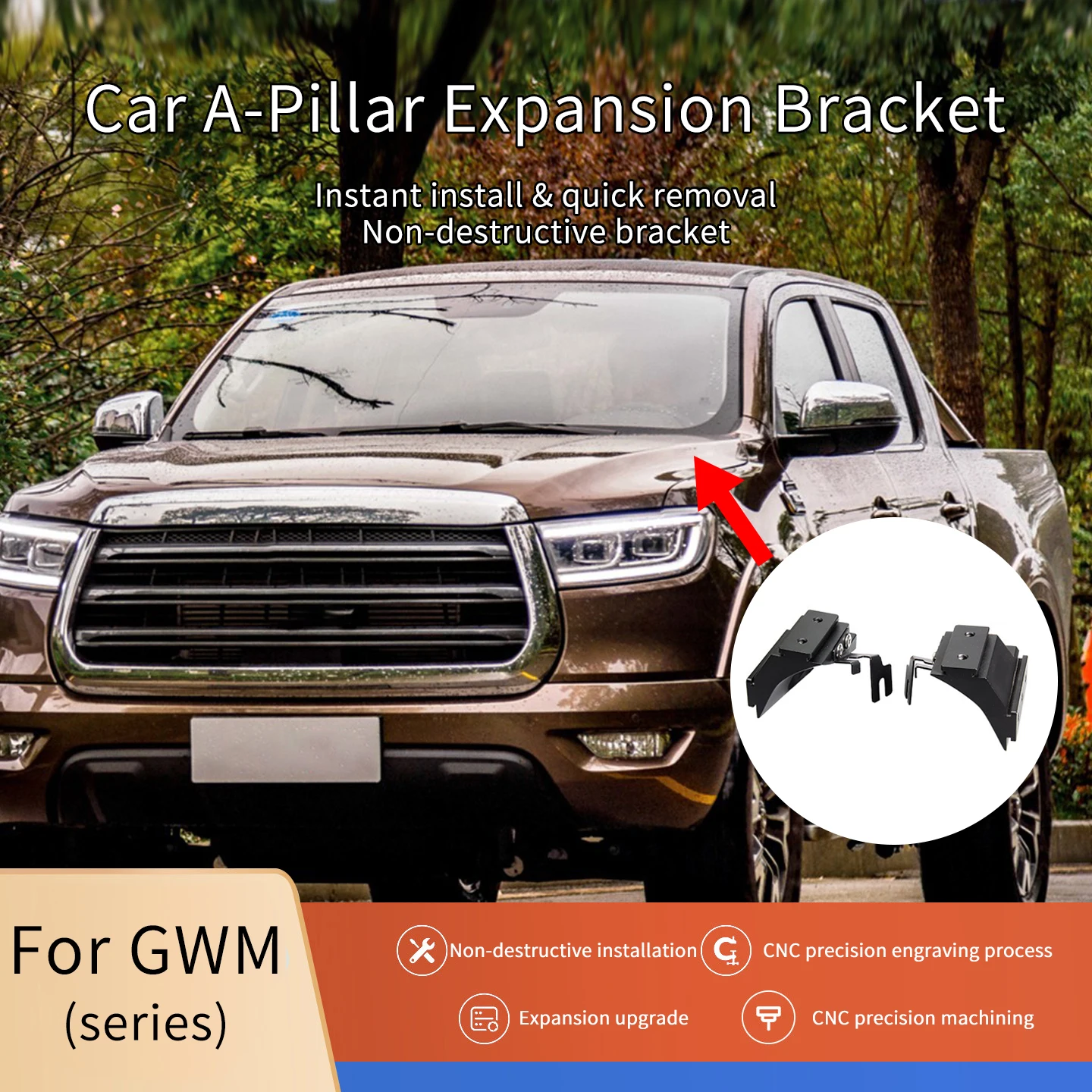 Quick-release A-pillar and hood expansion spotlight bracket for GWM Poer (Cannon) (2019–2026 models) made of aluminum alloy