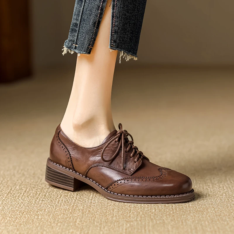 2024 Kobiety Czółenka Oksfordzie Jesienne Buty Dla Kobiet Oryginalne Skórzane Brogues Retro Sznurowane Mokasyny Casualowe Ręcznie Robione Czarne