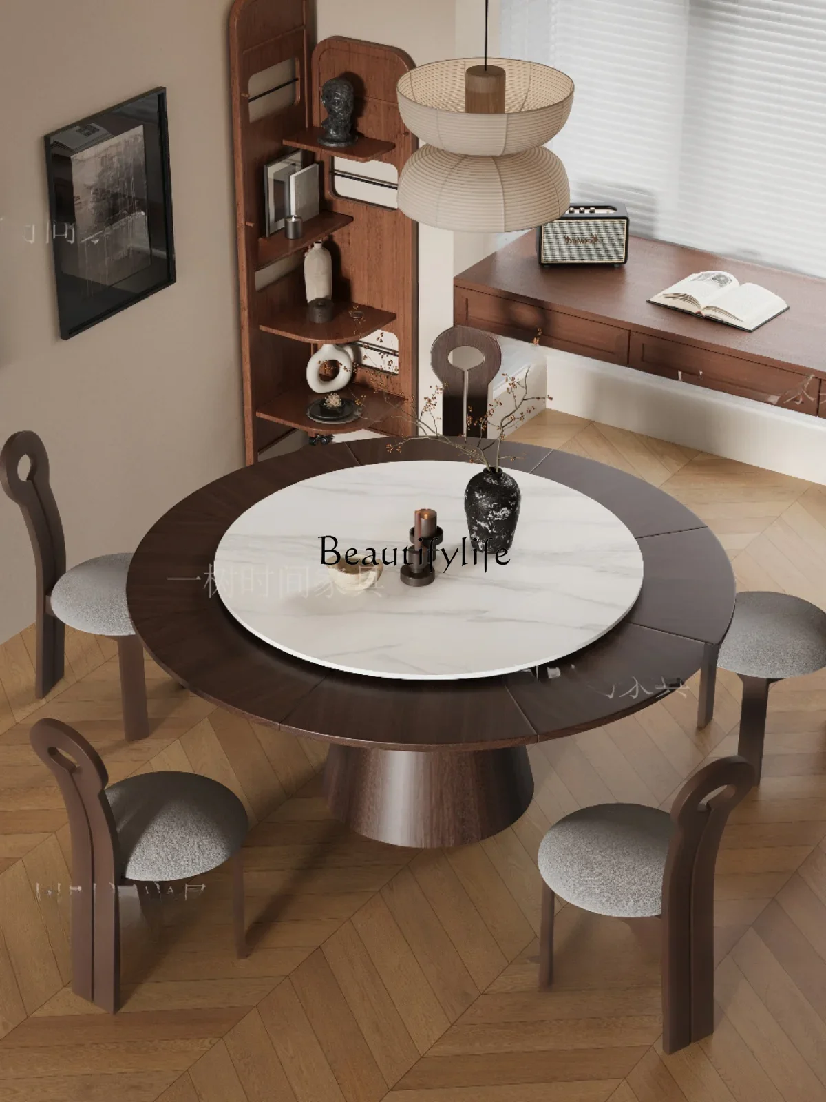 

02 ls 18FG40Deformation round Table Antique Style Solid Wood Rotating Retractable Dining Table French Retro Folding