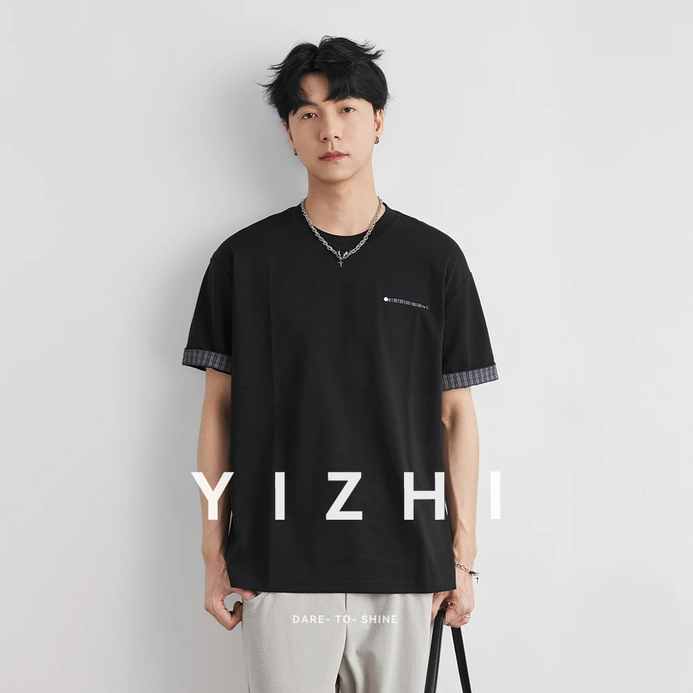 

Men's Japanese Style Splicing Cuff T-Shirt Summer Cotton Blend Crew Neck Loose Drop Shoulder Casual Versatile Short Sleeve