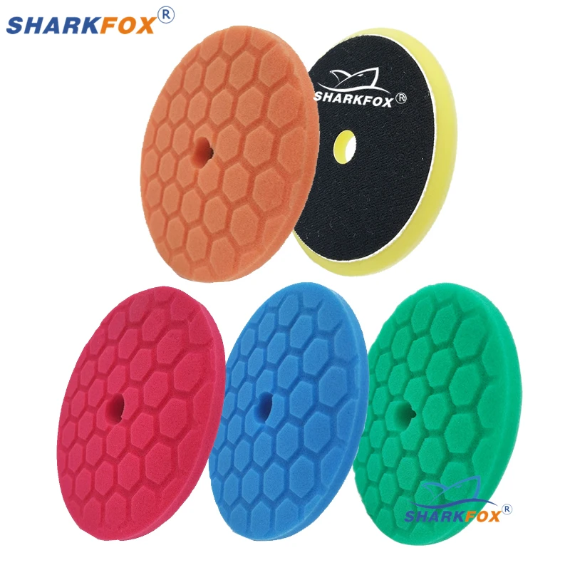 Sharkfox-Car lustrando almofadas de polimento, esponja chanfrada Hex-Logic, polidor de buffer, DA, RO, GA, 5 PCs por conjunto, 125mm