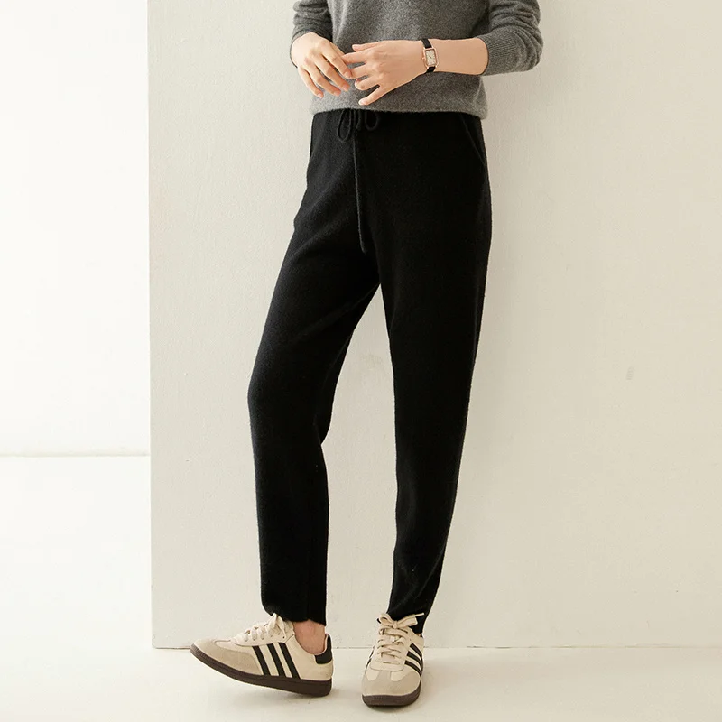 High-end Women 100% Cashmere Pants Casual Lace-up Pencil  Pants Autumn Winter Thick Warm Cashmere Knitted Ankle Length Trousers