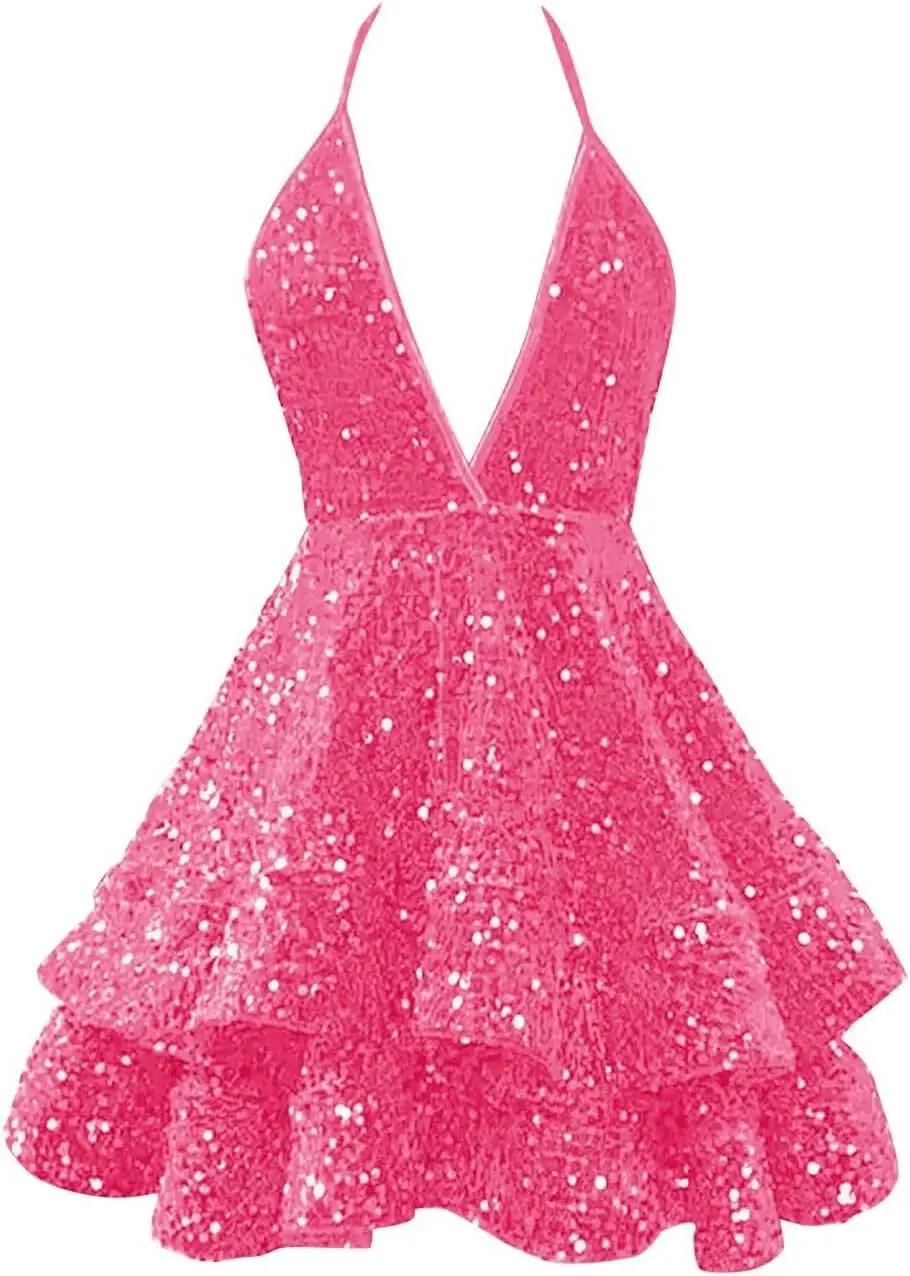 

Sequin Homecoming Dresses for Teens 2026 Sparkly Spaghetti Straps V Neck Short Tiered Prom Dress Cocktail Party Gown Mini Dress