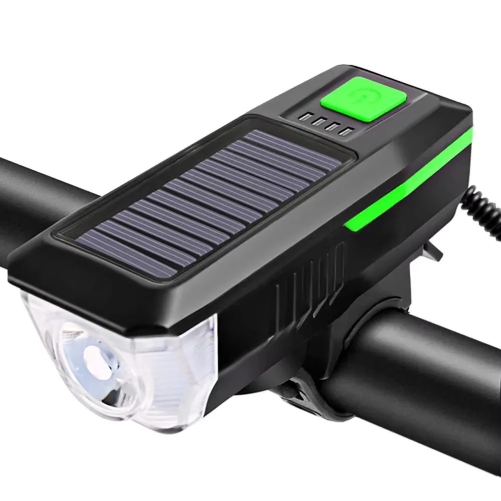 USB Rechargeable Solar Bicycle Light 3 Modes Strong Light Bike Headlight with Horn Power Display Bike Front Lamp Outdoor Cycling