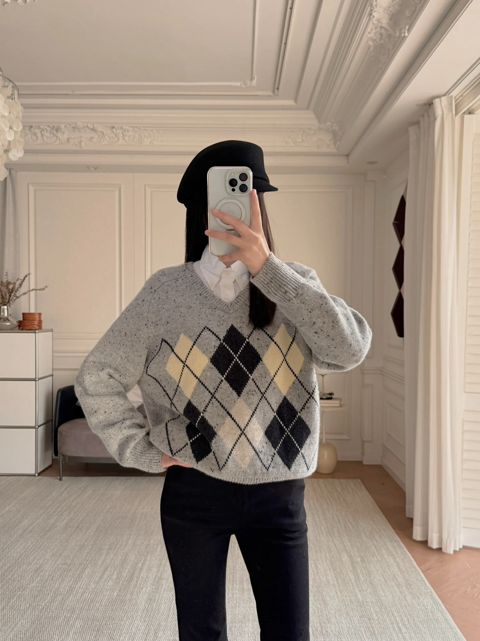 

Вязаный кардиган из смесовой шерсти и альпаки Qin Lan с ретро-узором в виде ромбов, V-образным вырезом, длинными рукавами, свободного кроя, для женщин