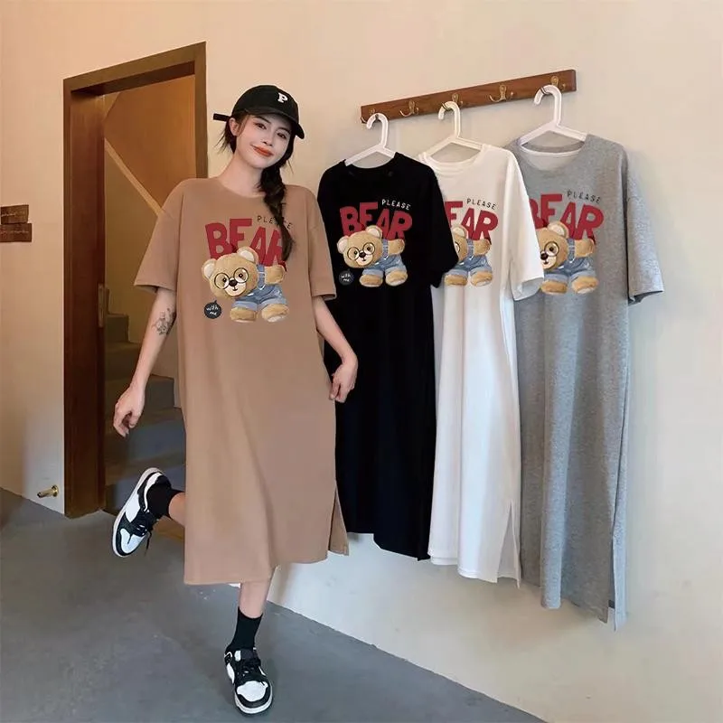

Весенне-летнее свободное платье большого размера с милыми очками и принтом медведя, повседневное женское платье с короткими рукавами, длинная юбка