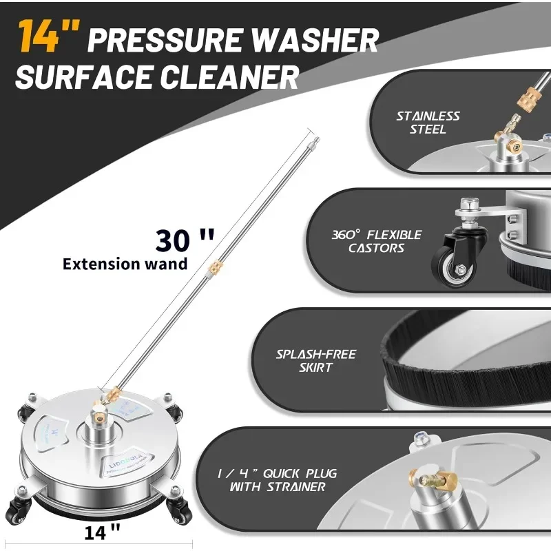 4 Wheels Stainless Steel Surface Cleaner for Pressure Washer Attachment for Concrete, Patio, Sidewalk, Deck and Driveways