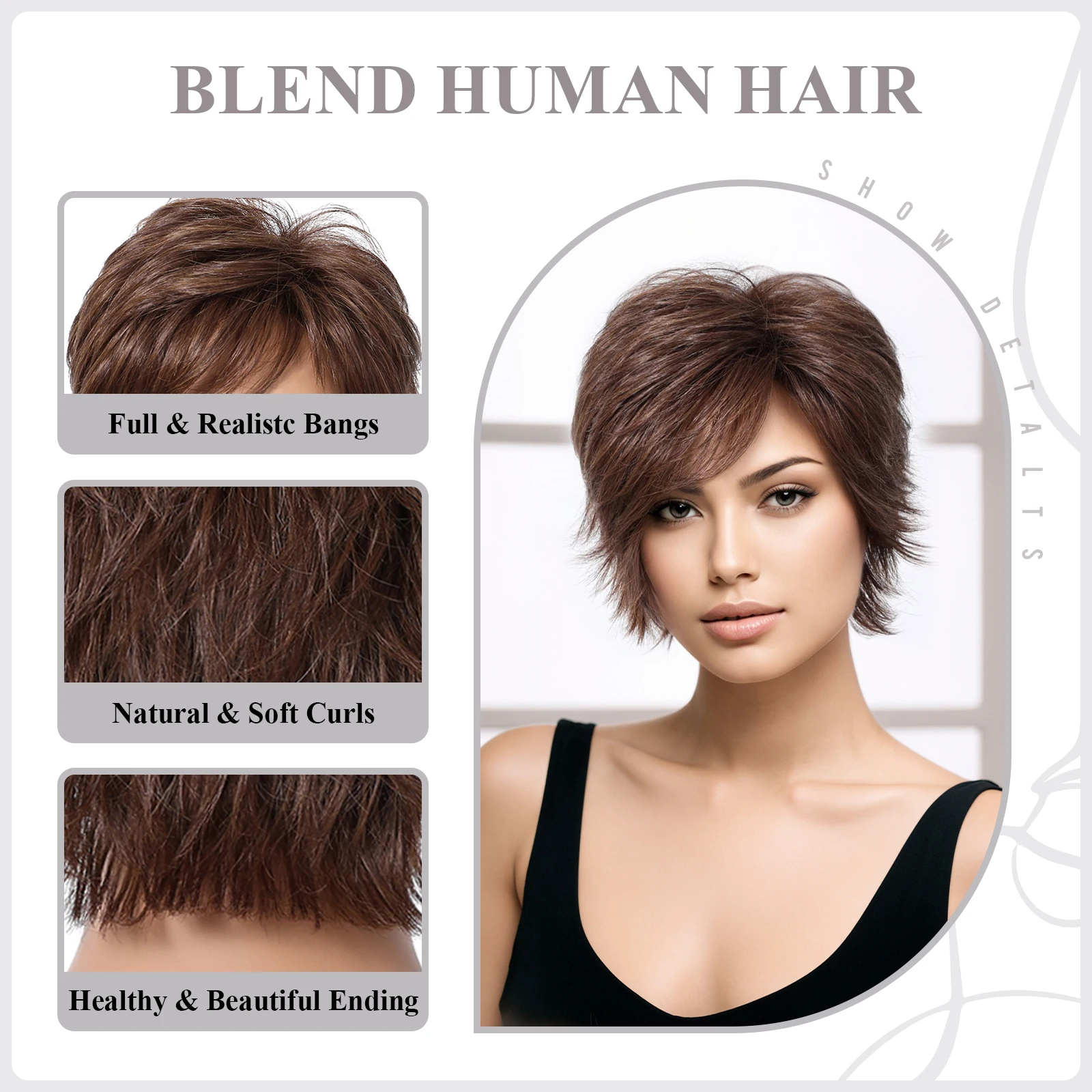 Perruque Naturelle Coupe Pixie avec Frange pour Femme, Cheveux Humains Courts, Brun Châtaigne, Layered Wavy Bob Blend, 03/Perruque