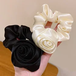 Rose Flower Head Rope French Style Retro Gentle Large Flower Intestine Hair Ring Artistic Satin Gloss Hair Scrunchies Woman