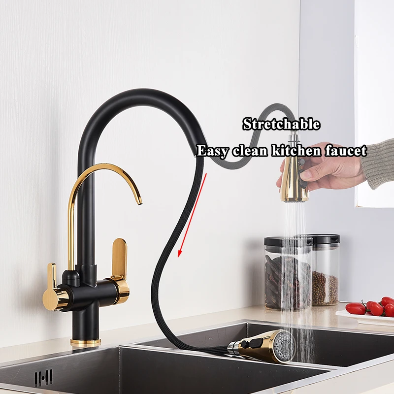 Purification Kitchen Sink Faucet Purified Water Hot and Cold Water Faucets Black Golden Deck Mounted Dual Handle Mixer Tap