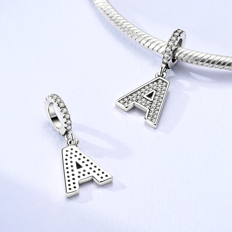 925 Sterling Silver 26 Letters A-Z Alphabet Charm Pendants Inlaid Zircon Letter Bead Fit Bracelet Fine DIY Birthday Jewelry Gift