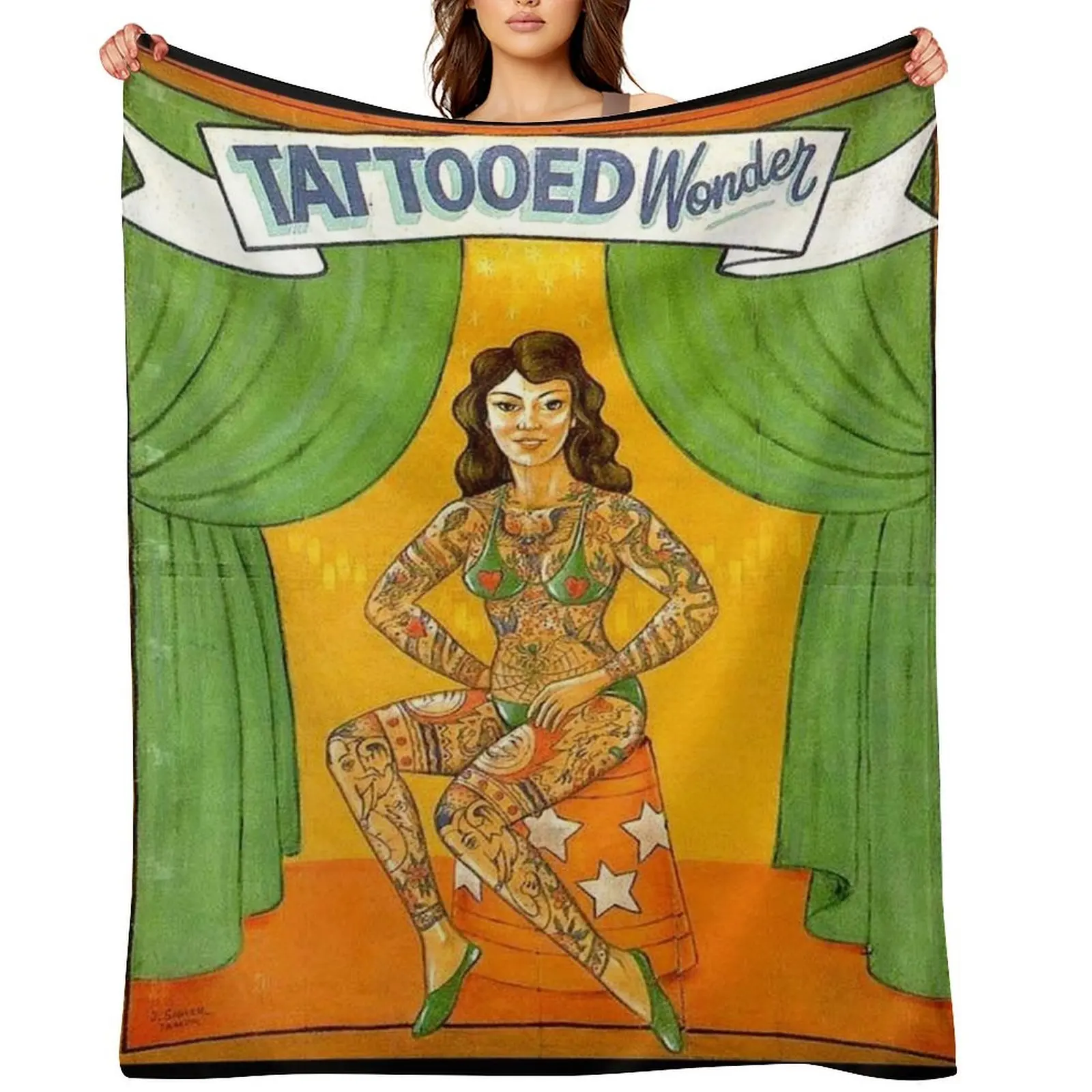 

TATTOOED WONDER : Vintage Circus Sideshow Advertising Print Throw Blanket for sofa Thermal Blankets