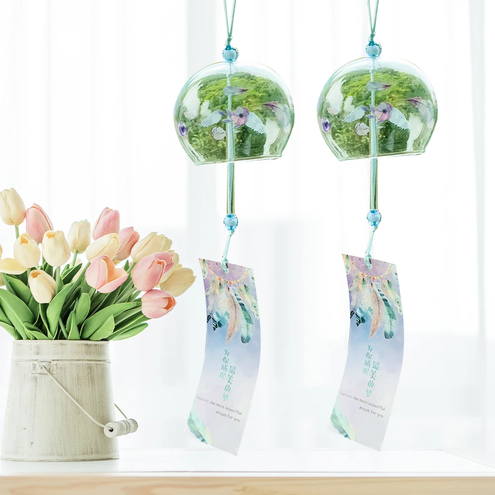 Japanese-style Handmade Painted Flowers Feather Glass Wind Chimes Sticky Note Tassel Pray Blessing
