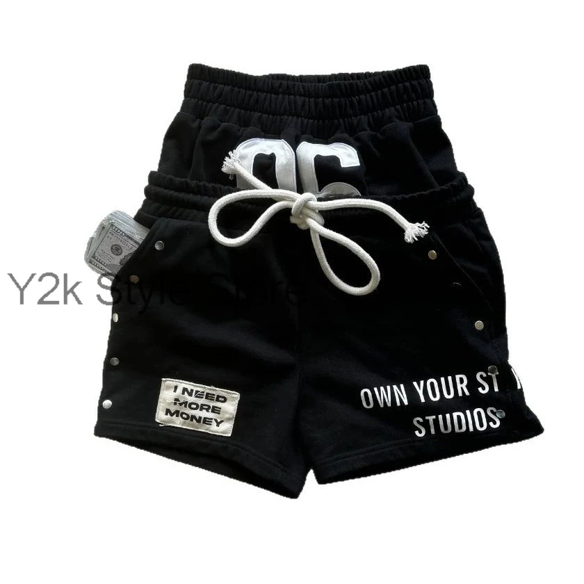 

Retro Double Waist Letter Print Pull-out Design Loose Shorts Summer Versatile Women Casual Gym Shorts Hip-hop Harajuku Y2K Pant