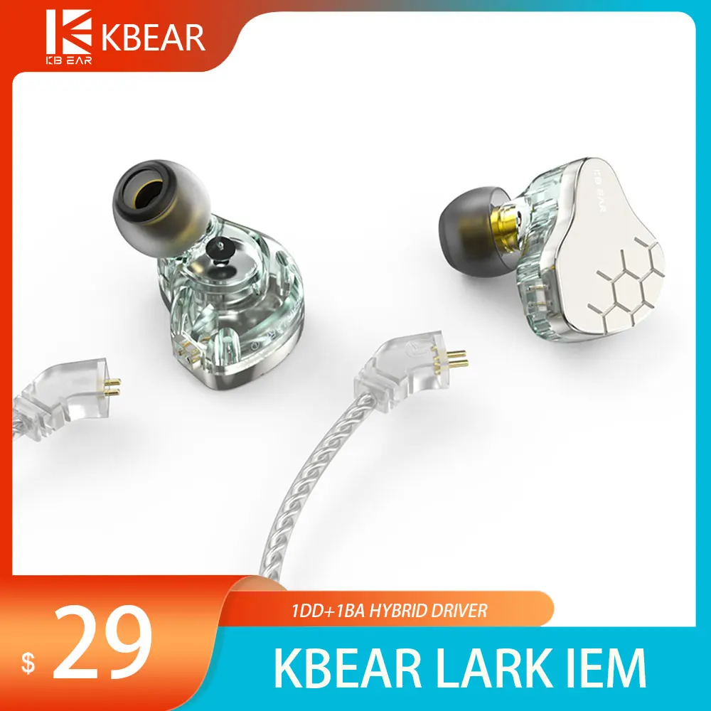 KBEAR Lark HiFI Wired Best In Ear IEM Earphone Monitor 1DD+1BA Hybrid Driver Bass Headphone with 4N Silver Plated 2pin Cable Mic