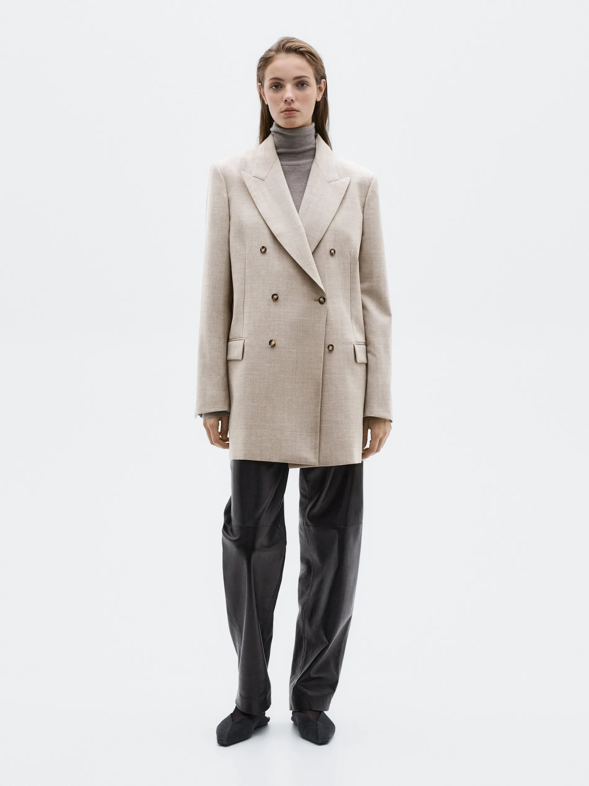 

Allingentle Women Long Blazer Elegant Modern Loose Fit Long Jacket Double-Breasted Casual Blazer Customize