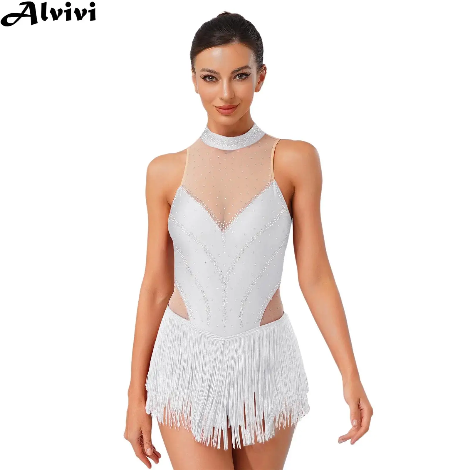 Women Tassel Latin Dance Leotard Jazz Figure Skating Tango Cha-cha Samba Rumba Clothes Sleeveless Shiny Rhinestone Mesh Bodysuit