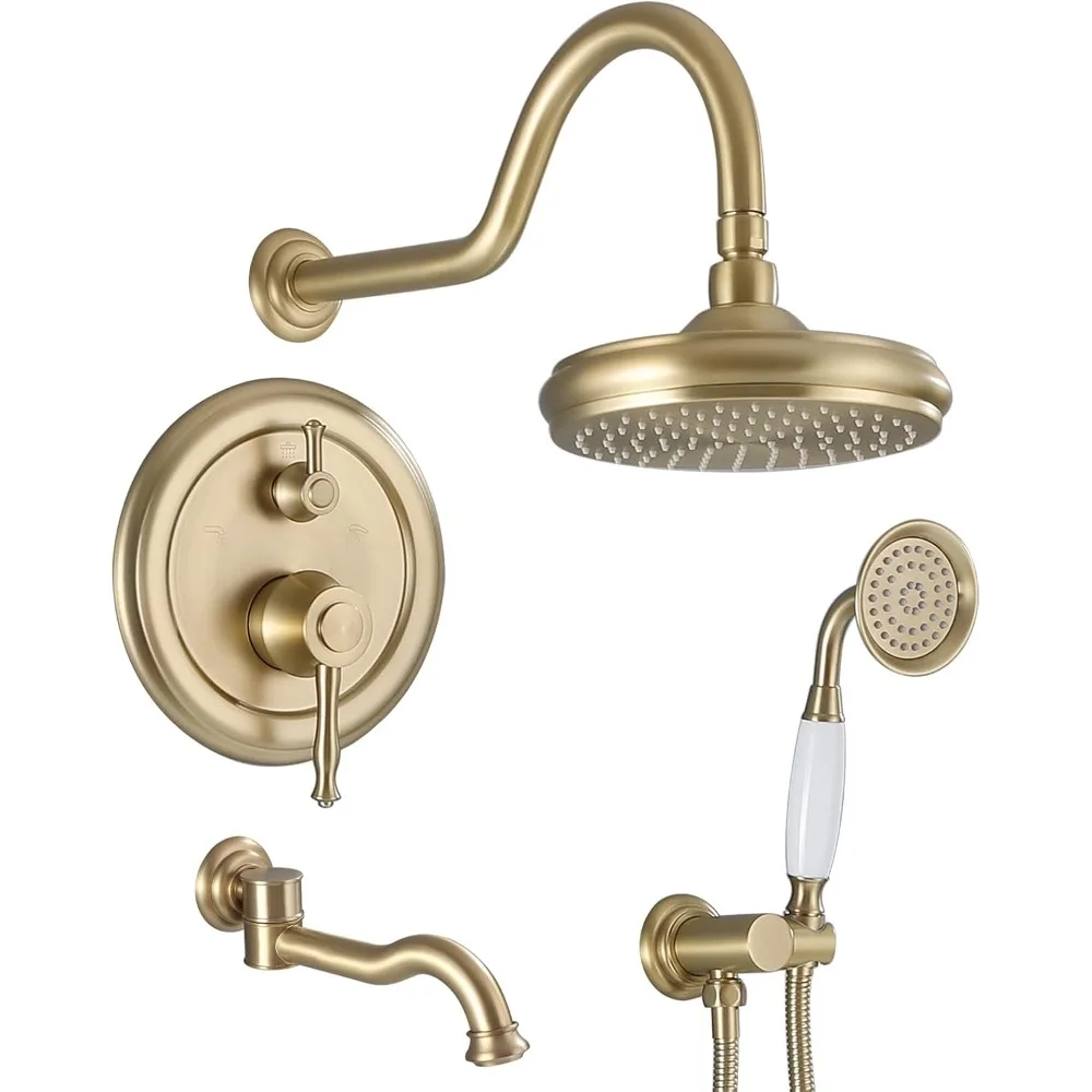 

Rainfall Shower System with Handheld Sprayer,Brushed Gold Antique Shower Faucet Sets,Shower Fixture Combo with Brass Pressure Ba