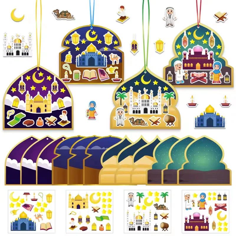 36-teiliges Cartoon-Islamisches Aufkleber-Bastelset für Kinder Ramadan Kareem Halbmond Hängende Geschenkanhänger Bastelaktivitäts-Set für Moscheen