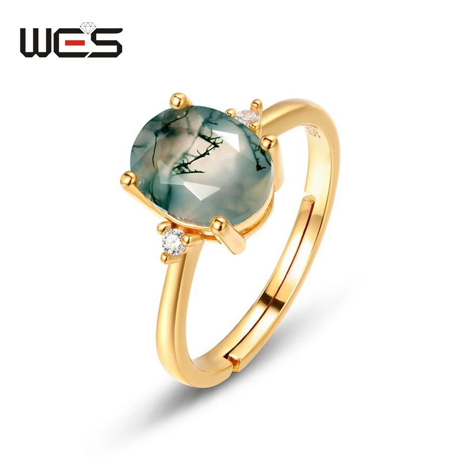 WES 925 Sterling Silver Original Certified Natural Stone Moss Agate Rings for Woman Gold Plated Trendy Anniversary Fine Jewelry