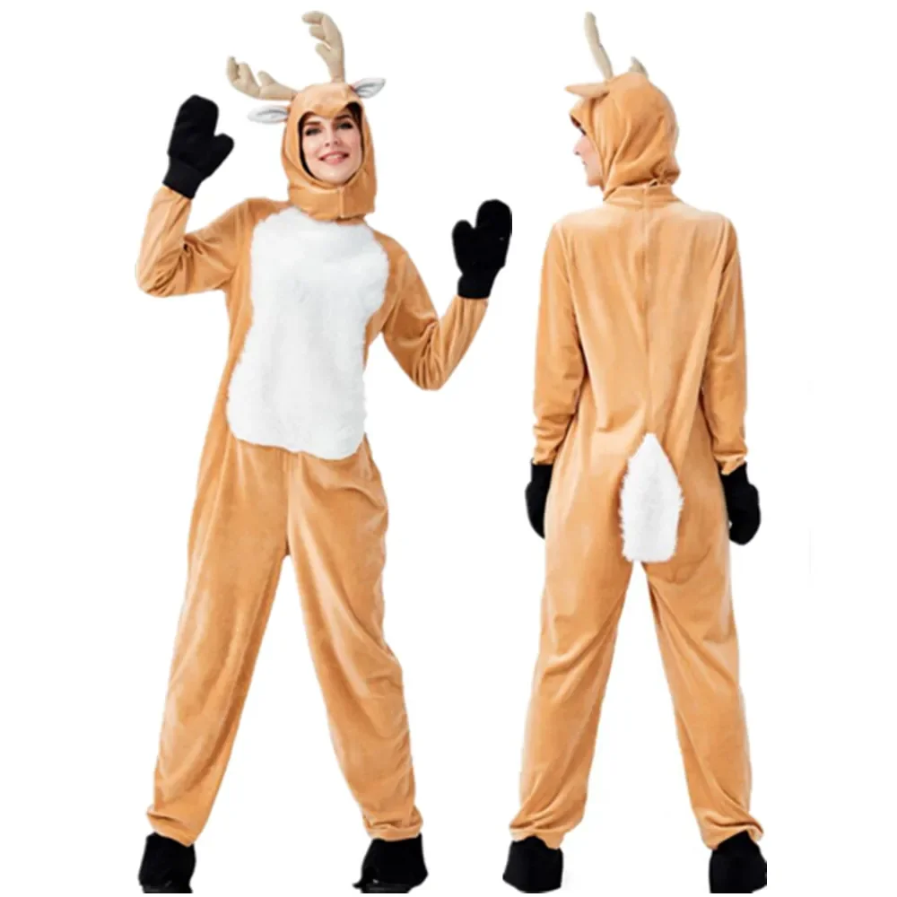 4Pcs Set Adult Women Christmas Outfit Flannel Reindeer Elk Jumpsuit cosplay Xmas Eve Dinner Home Costume Party Clothes