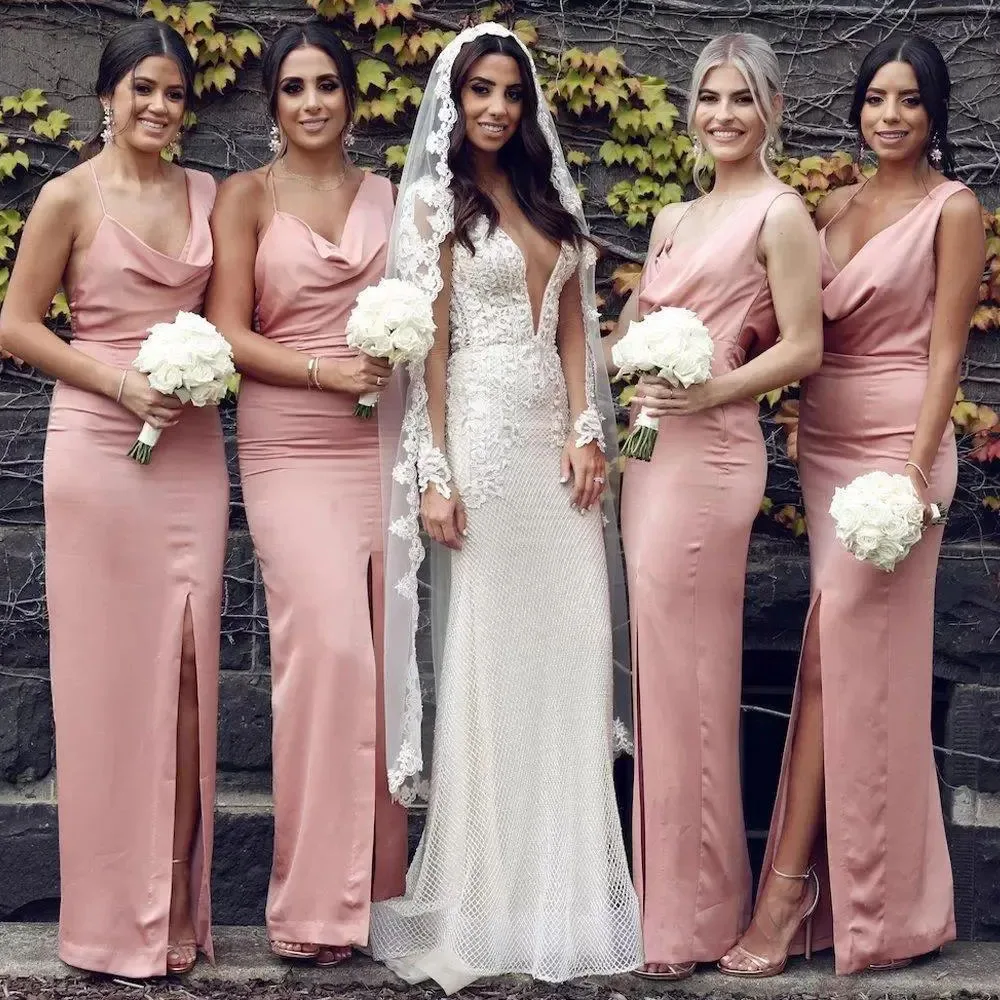 Pink Slim Fit Bridesmaid Dresses Long One Shoulder Sheath Side Split Maid of Honor Dress Ruched Satin Wedding Guest Prom Gown