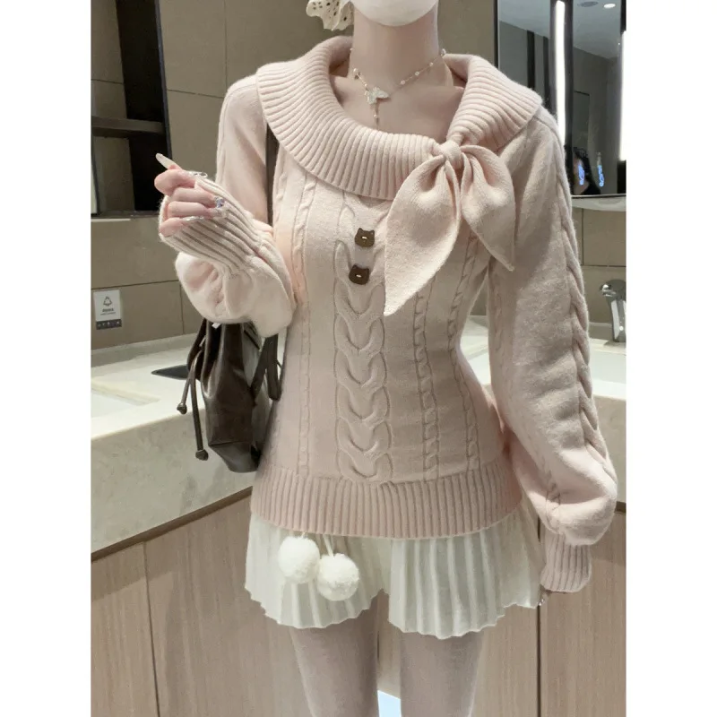 

Осень-зима, новый милый розовый вязаный свитер с открытыми плечами, женский серый пуловер с заячьими ушками и бантом, трикотаж, повседневный универсальный джемпер