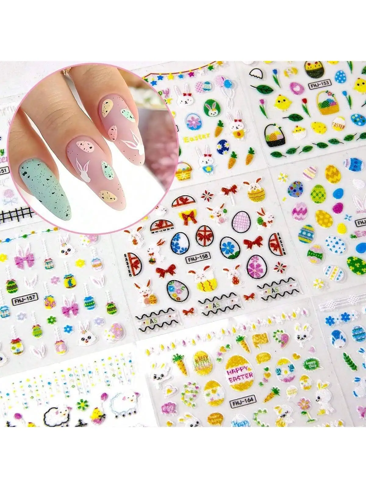 Mischen Sie 30 Blatt nach dem Zufallsprinzip Weihnachten Ostern 3D-Blumen-Nagelkunstaufkleber – selbstklebende Vinyl-Blumenaufkleber mit Glitzerakzenten,