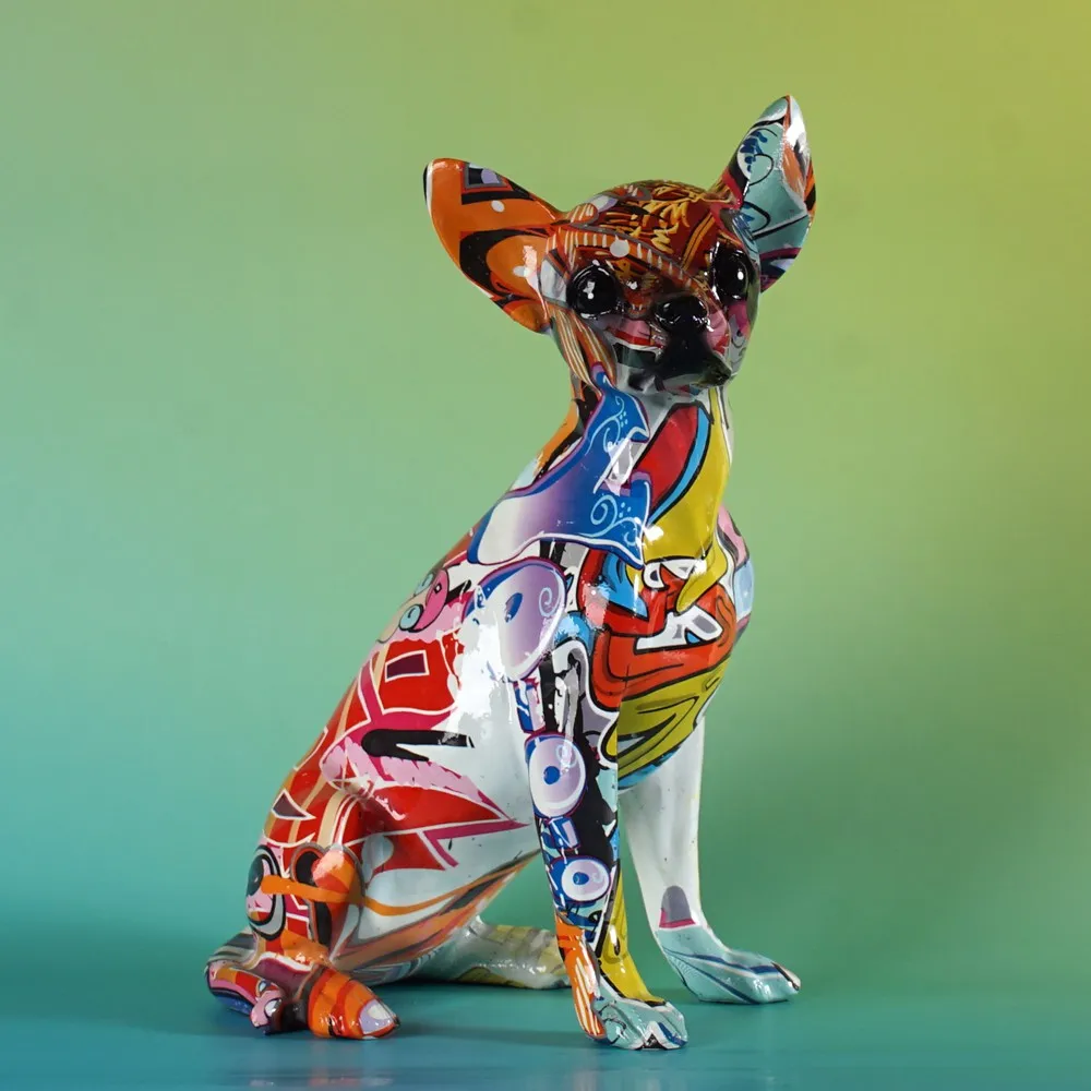 Vilead Resin Graffiti Chihuahua Dog Sculpture Animal Statue Pop Art Modern Objects Home Living Room Shelf Decoration Items Rack