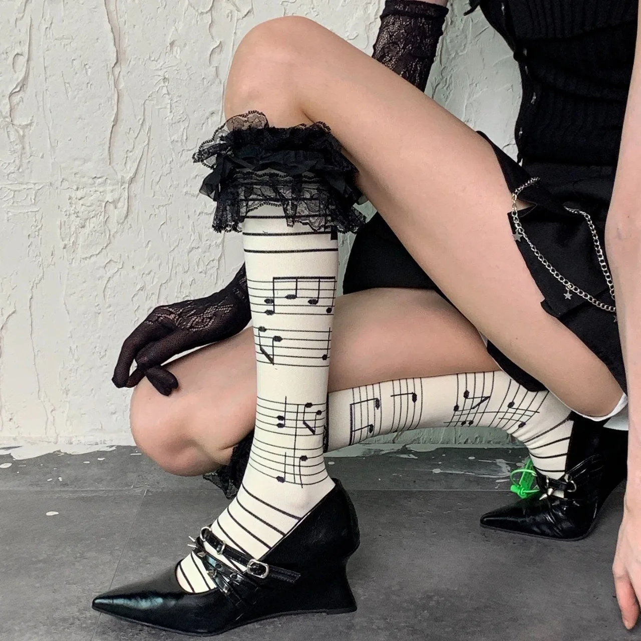 

Music Calf Socks Girls Piano Sheet Skull Tights Lace Socks Cosplay Accessories Y2K Gothic Punk Style Sweet Cool Girls Halloween