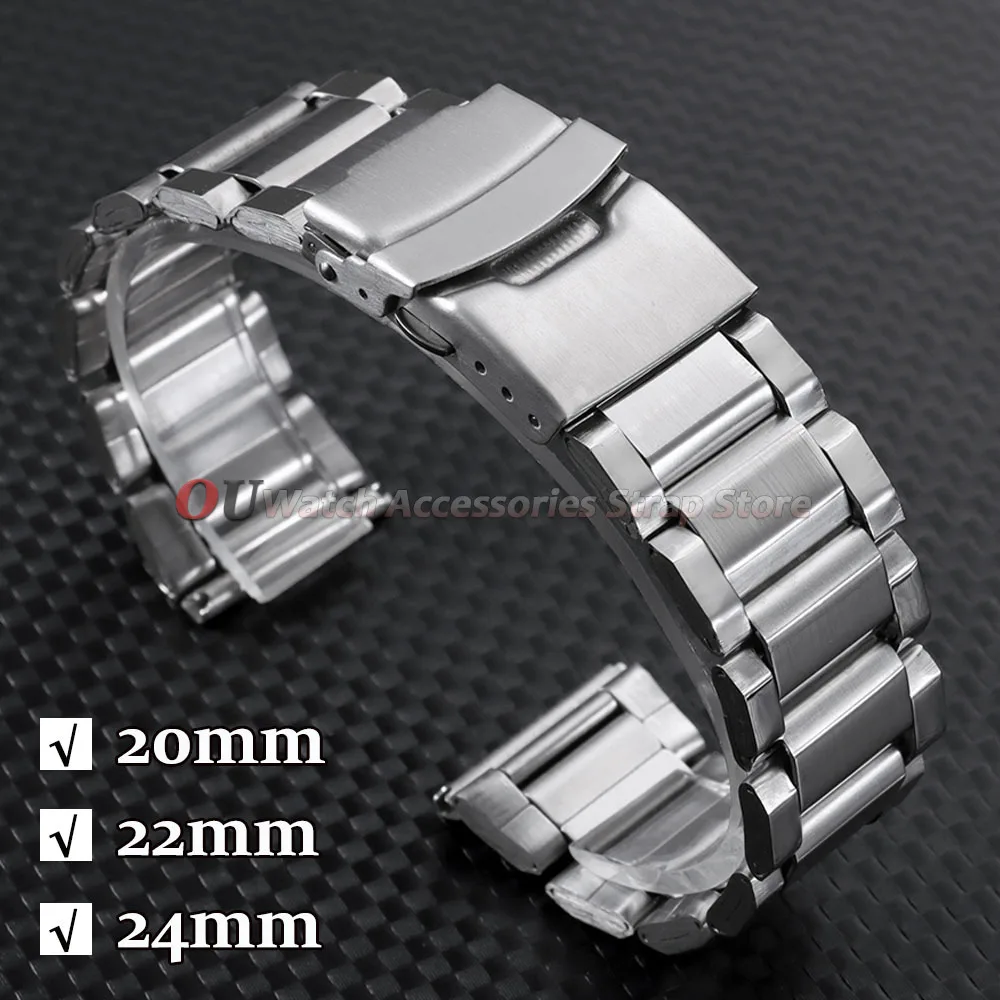 Bracelet de montre en acier inoxydable pour Seiko, Bracelet de plongée, 20mm, 22mm, 24mm, universel, en métal, avec boucle pliante, accessoires