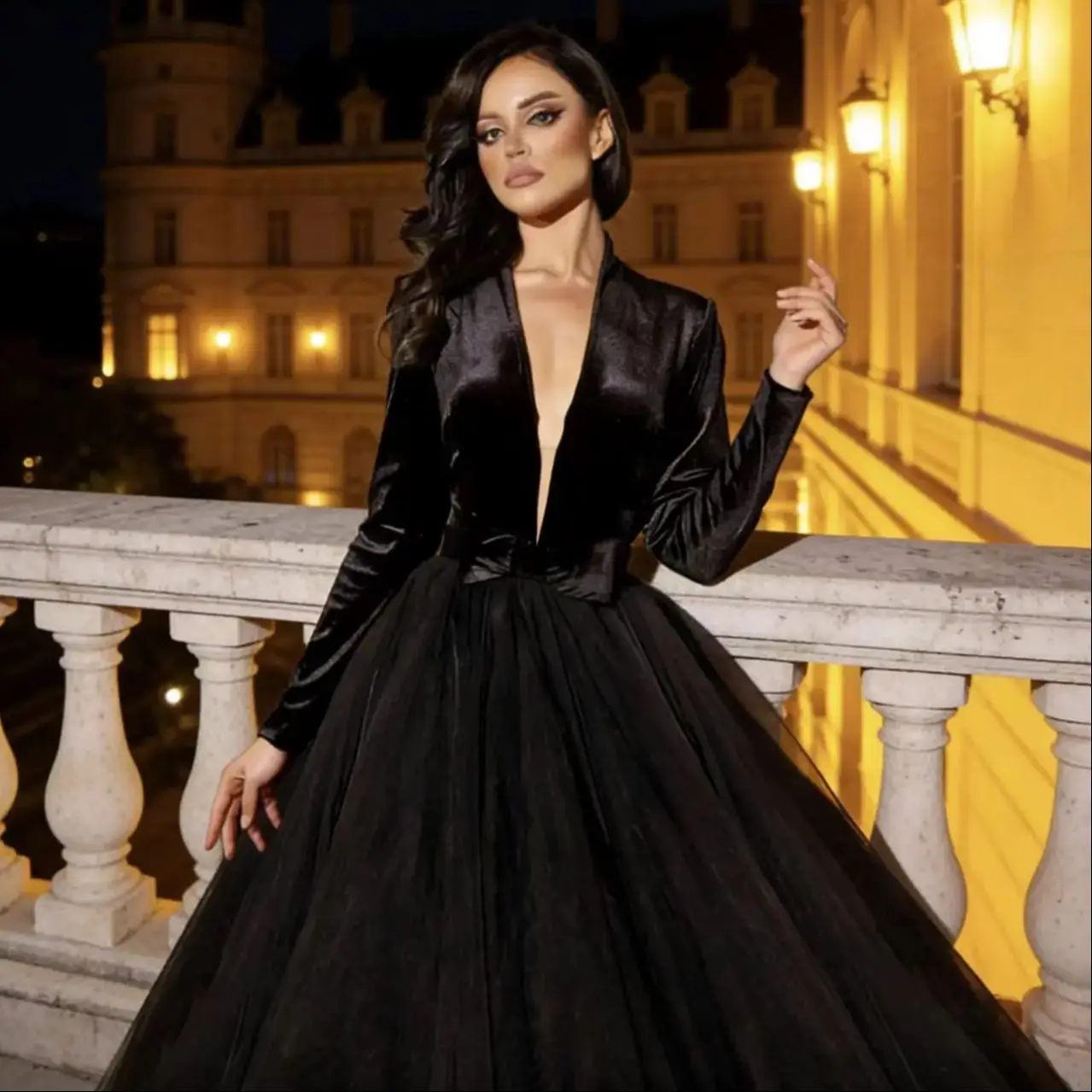

Black Wedding Dress for Graduation Celebration Prom Dress Bridal Gown Deep V Neck Long Sleeves Velour Tulle Arabian Bride Dresse