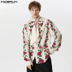 2024 Men Shirts Flower Printing Lace Up Stand Collar Long Sleeve Button Men Clothing Streetwear Fashion Casual Camisas INCERUN