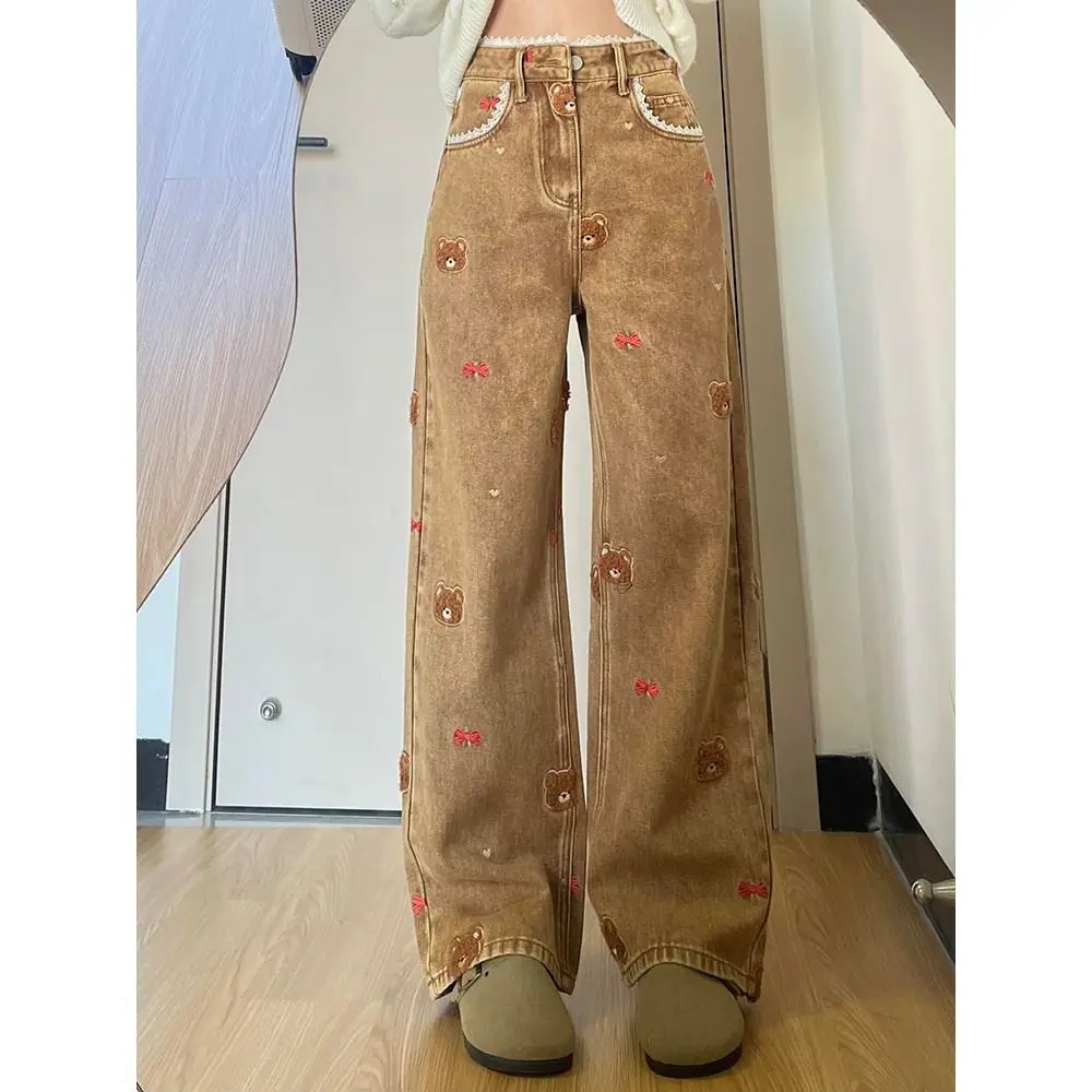 Damskie jeansy z wysokim stanem, szerokimi nogawkami, haftem z misiem z koronką, luźne spodnie, uniwersalne jeansy codzienne dla dziewczyn.