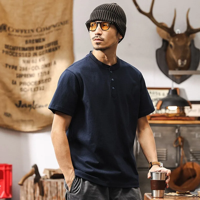 Vintage Men's Short Sleeve Henley Shirt 100% Cotton Heavyweight 250gsm Summer Casual Loose Fit Tee Relaxed Beach Solid Color Top