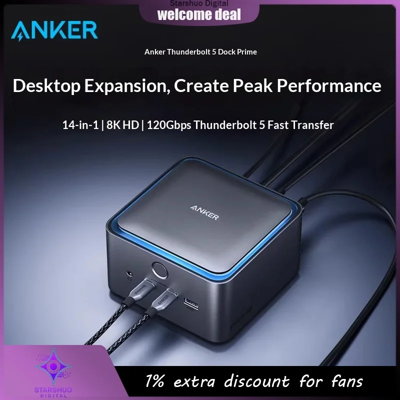

Док-станция Anker Prime Thunderbolt 5: настольное зарядное устройство, поддержка двух 8K-дисплеев, расширенный трехэкранный режим, сверхбыстрая передача данных 120 Гбит/с