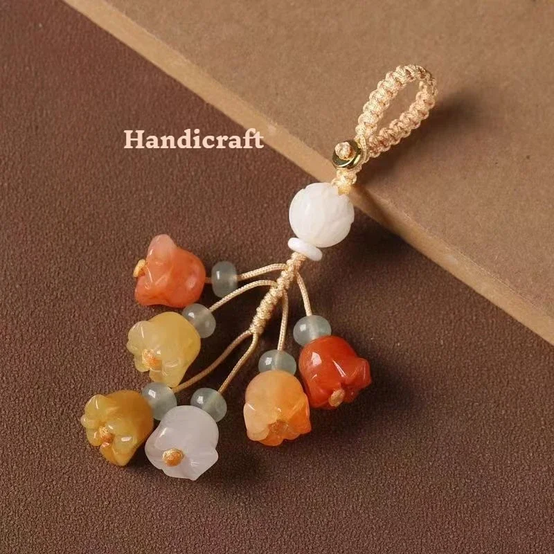 Lotus Keychain Phone Chain Pendant Small and Fresh Flower USB Ribbon Rope Pendant Symbolizing Good Luck Car Keyring Weave Gift