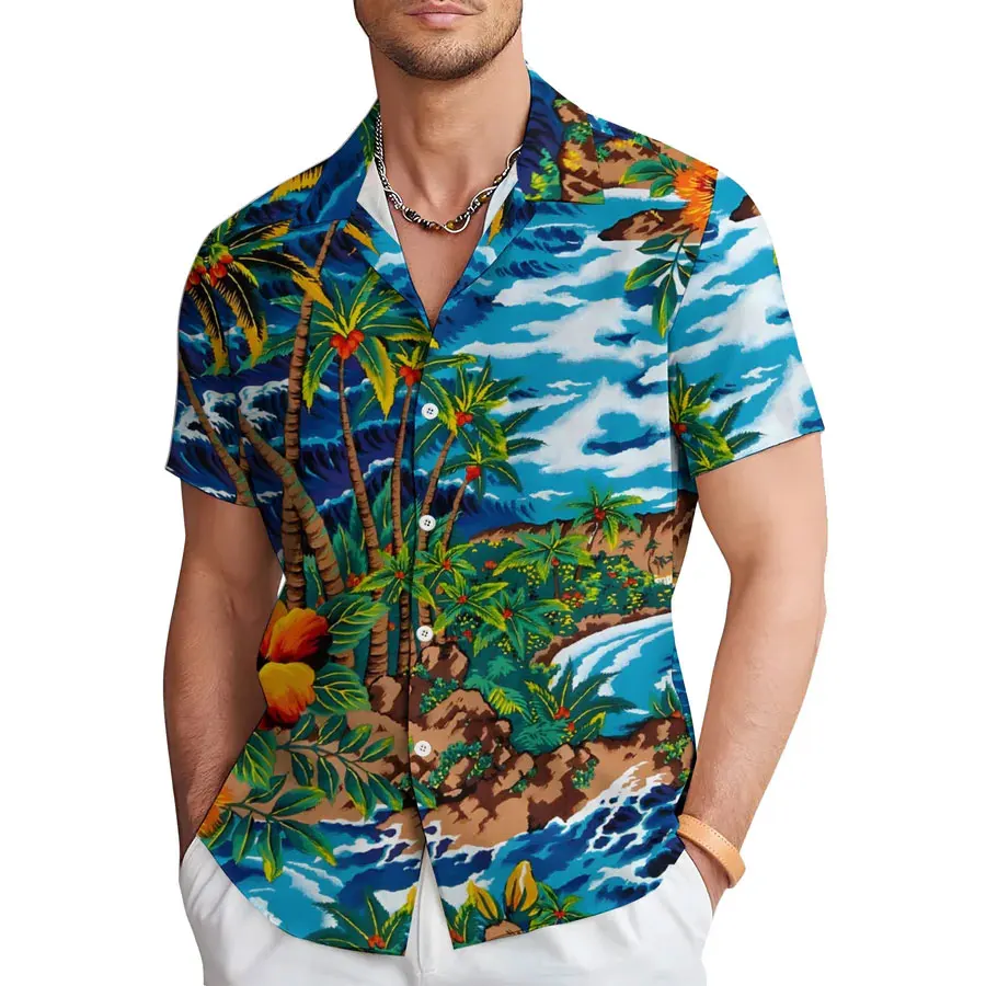 

New Men's Summer Fashion Bamboo Leaf Casual Short sleeved Shirt Striped Hawaiian Coconut Palm