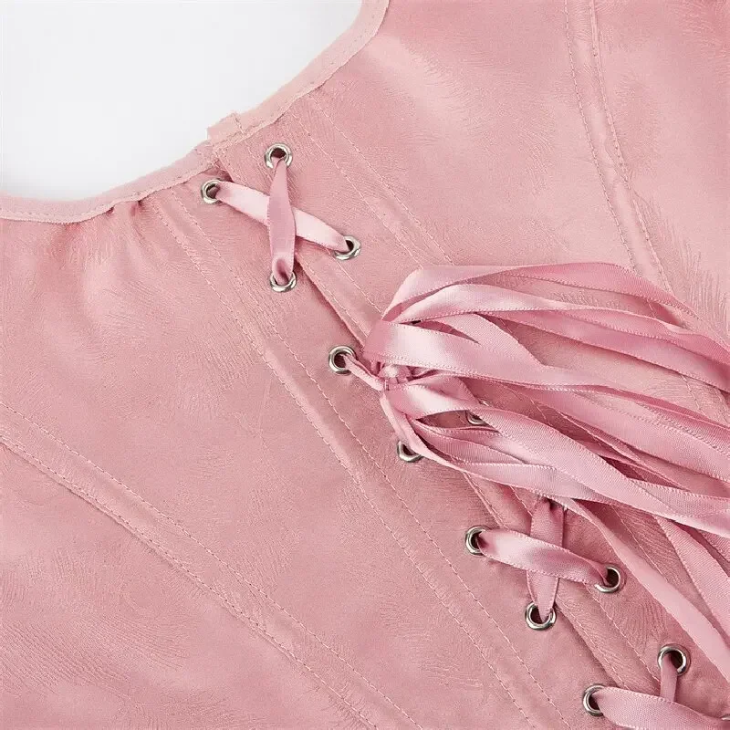 Pink Corset Crop Top Lace-Up Women Summer Vintage Lace Up Camisole Bow Bandage Tank Body Shaper Tops